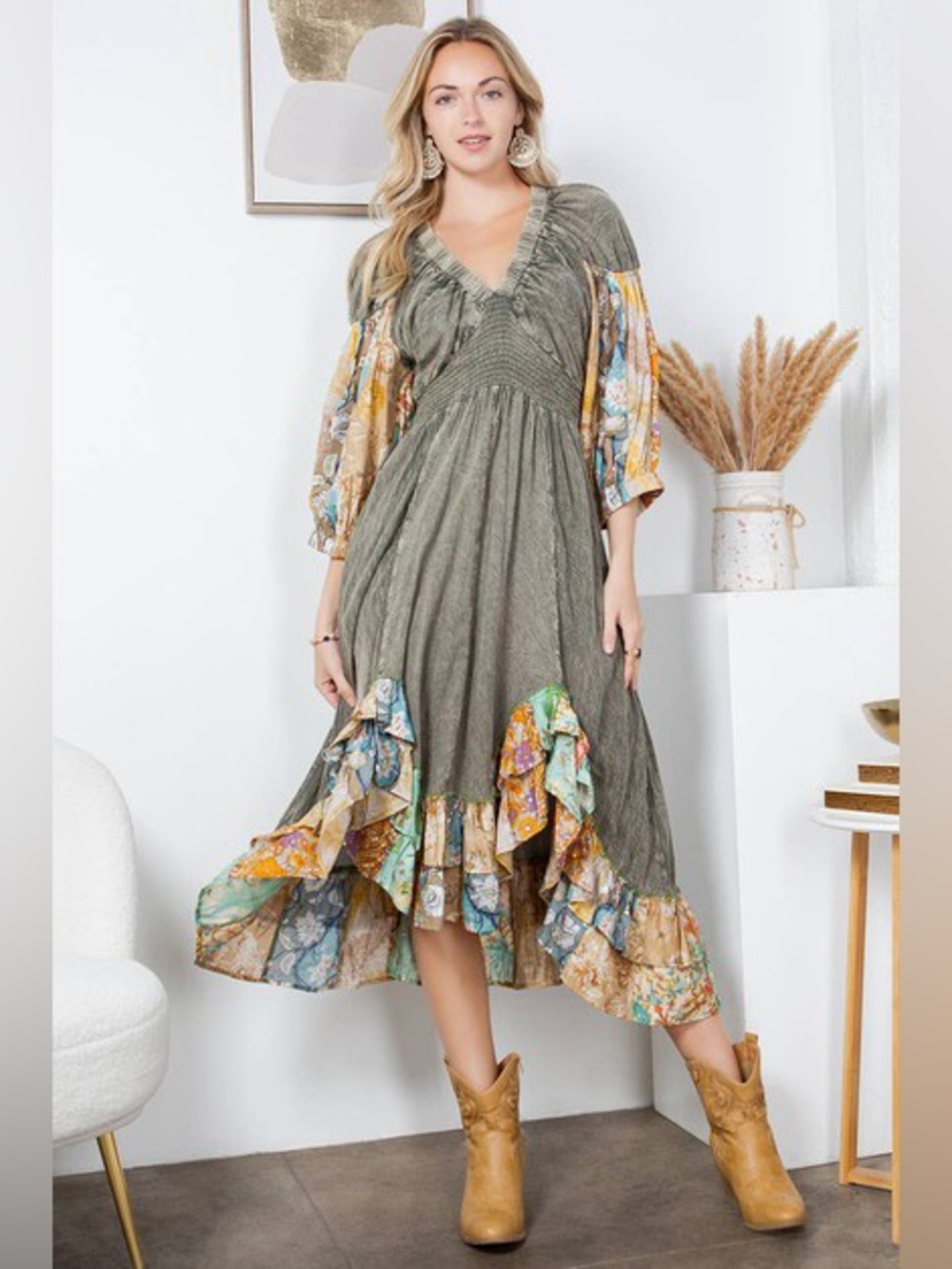 Young Thread Bohemian Olive Green Mixed-Print Midi Dress- Large